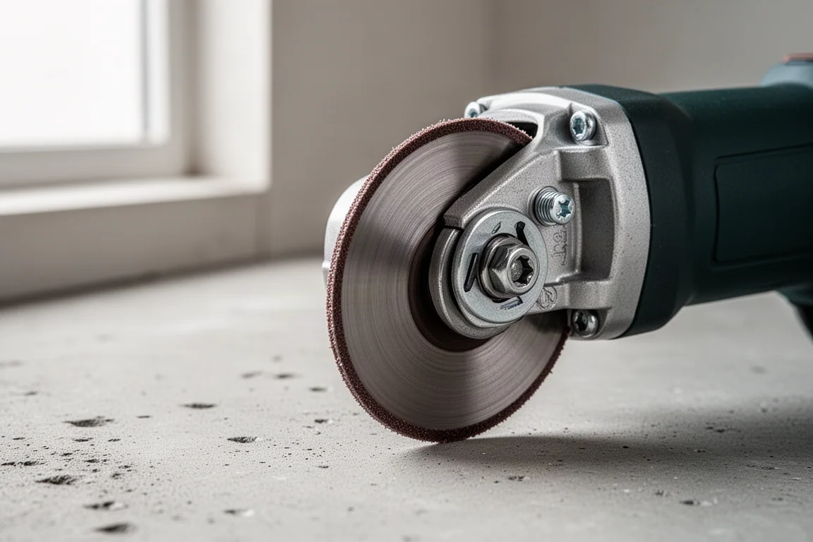 Close-up van een dunne driehoekige slijpschijf op een compact gereedschap