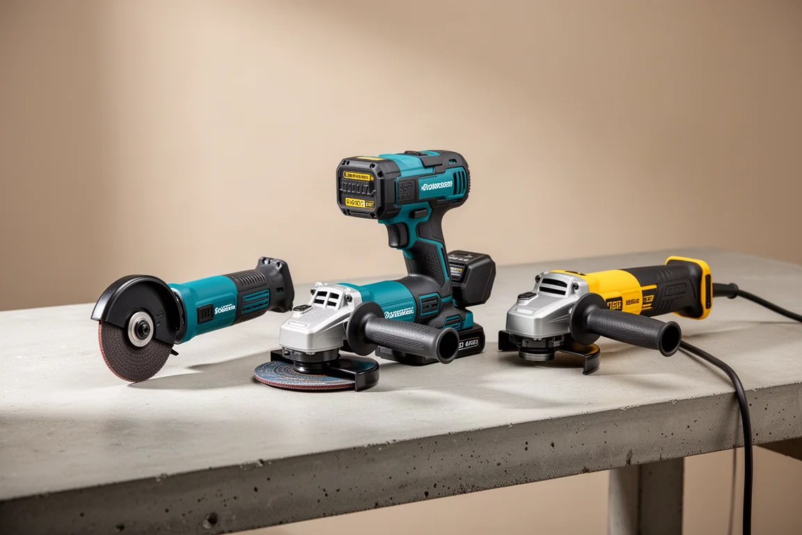 Three cutting tools side by side: compact cut-off wheel, cordless grinder, and corded grinder