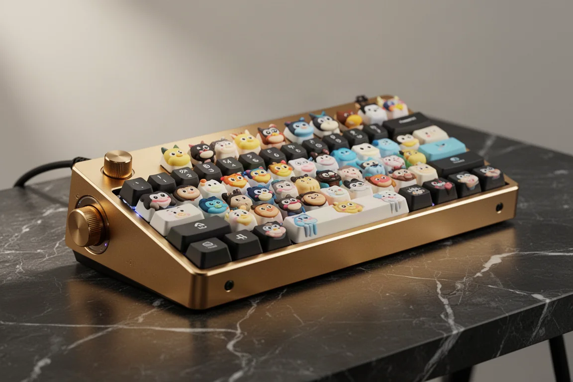 コンクリートのテーブルに、さまざまなサイズと素材のゲーミングキーボードが並んでいる様子