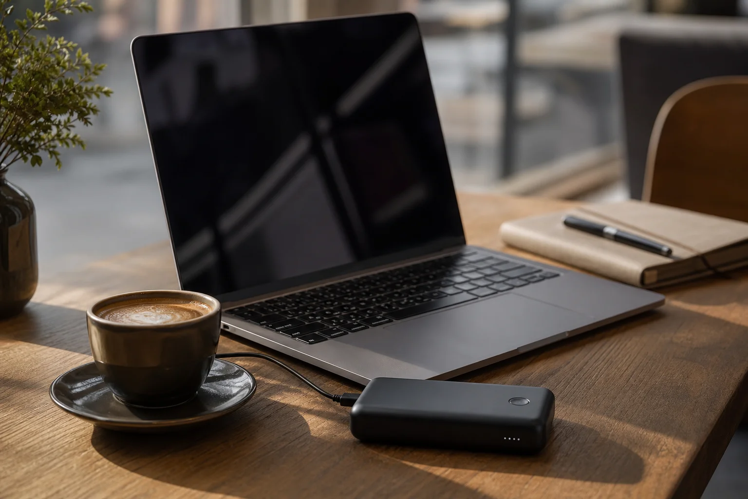 Professionista che lavora al tavolino di un bar con laptop e power bank