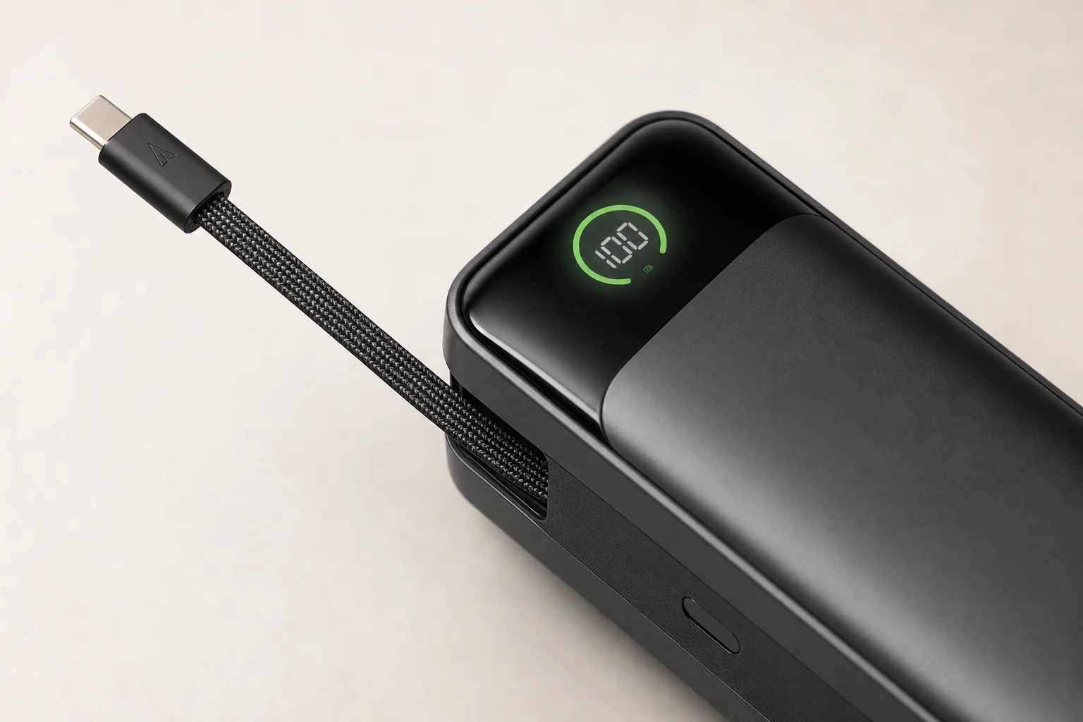 Primo piano del cavo integrato e dello schermo luminoso del power bank Anker