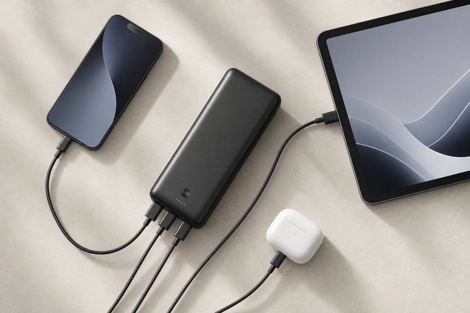Power bank Anker che ricarica più dispositivi contemporaneamente in una disposizione flat-lay