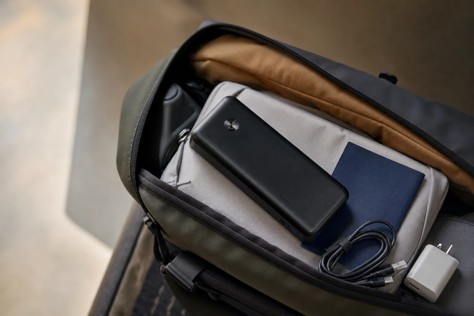 Power bank Anker riposto all'interno di uno zaino da viaggio con altri accessori tecnologici