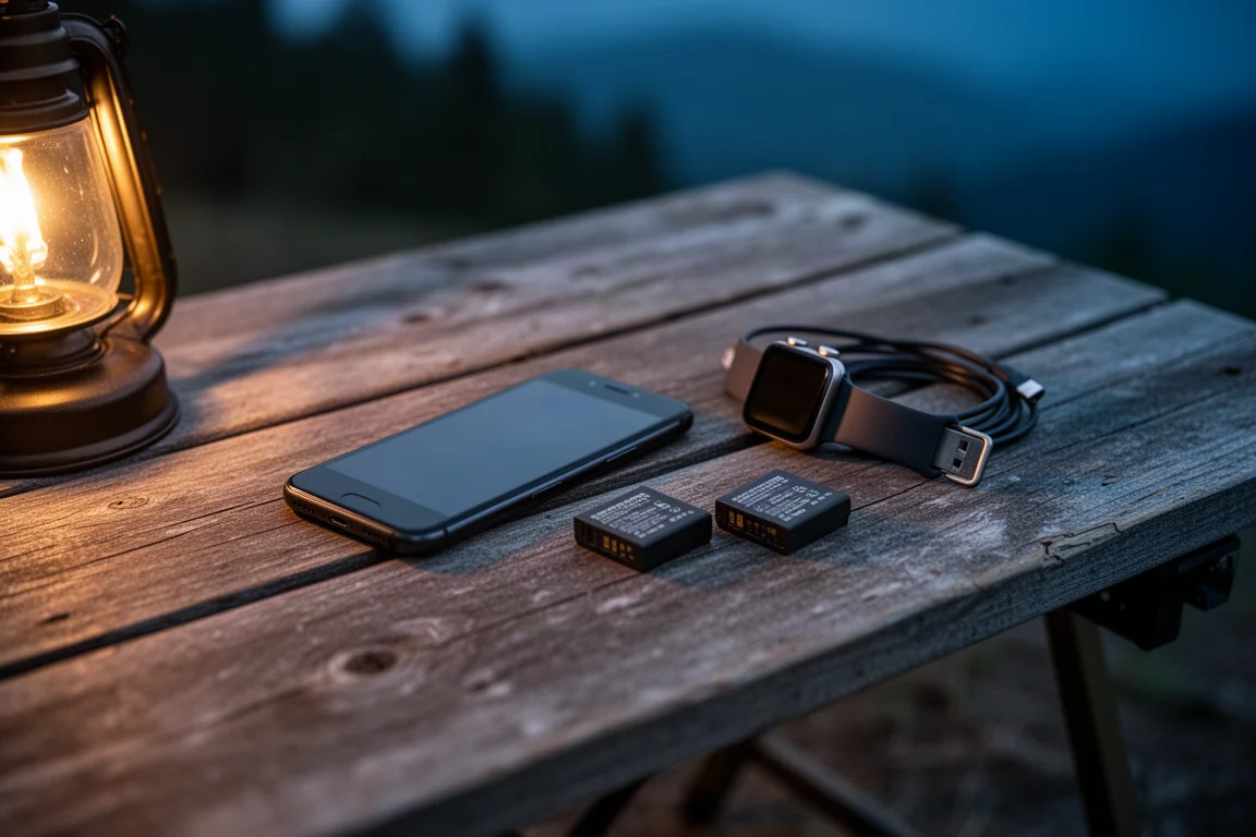 Kampeertafel in de schemering met een telefoon, smartwatch en camerabatterijen naast een opgerolde kabel