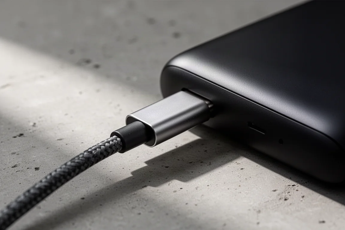 Close-up van een USB-C-stekker die in de matzwarte rand van een apparaat wordt gestoken