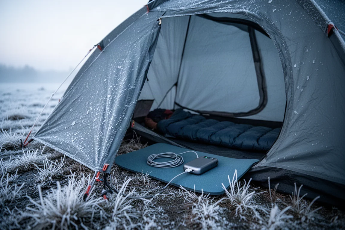 Winters kampeerterrein met berijpt tentdoek en een oplaadopstelling in de tent