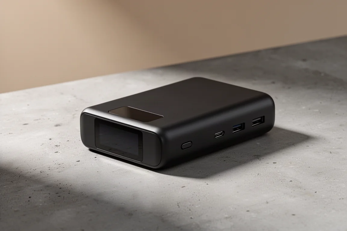Czarny power bank USB-C z małym wyświetlaczem leżący na betonowej powierzchni