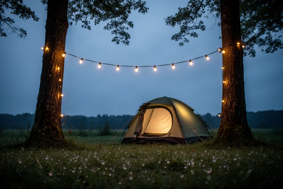 Campingplatz in der Dämmerung mit kleinem Zelt und warm leuchtenden Lichterketten zwischen zwei Bäumen