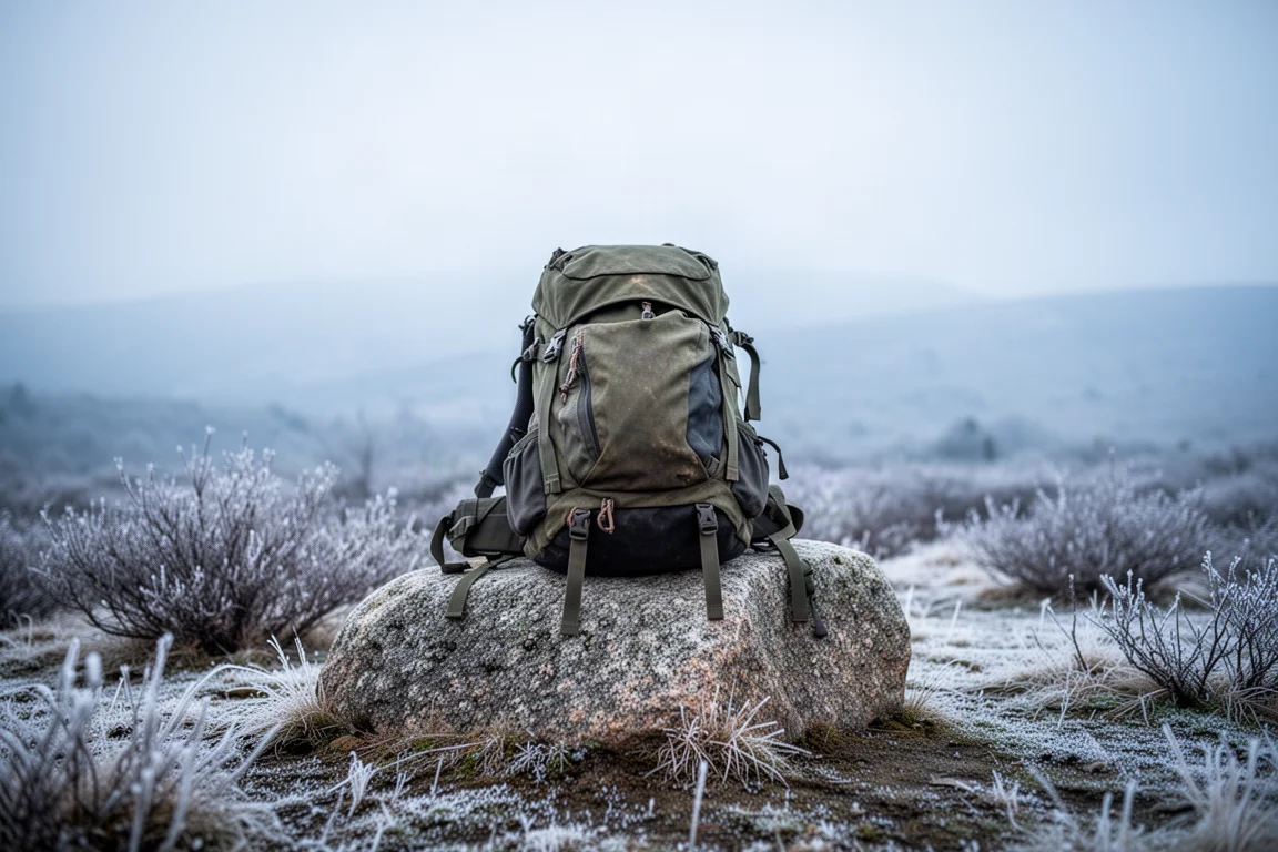 Beladener Wanderrucksack lehnt bei Sonnenaufgang in einem Bergtal an einem Granitfelsen