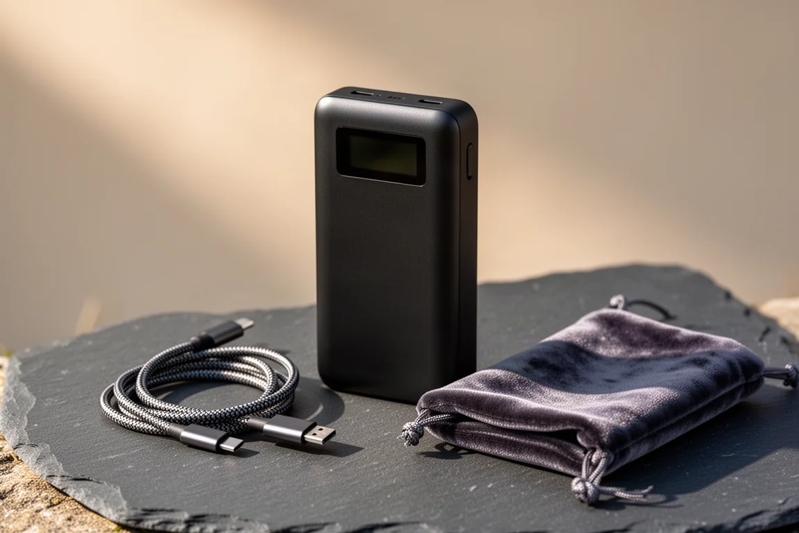 Matte black portable power bank upright on dark slate with a coiled cable and velvet pouch beside it