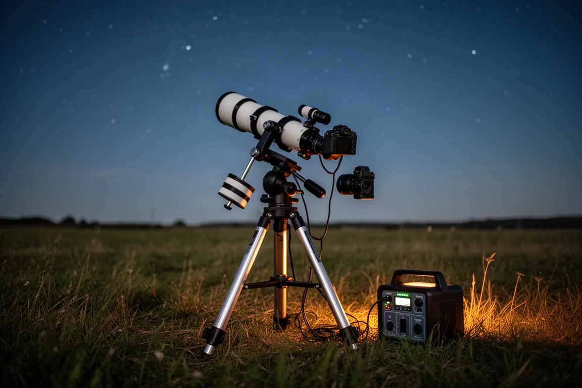 Deep-Sky-Astrofotografie-Ausrüstung unter einem sternklaren Nachthimmel an einem dunklen Standort