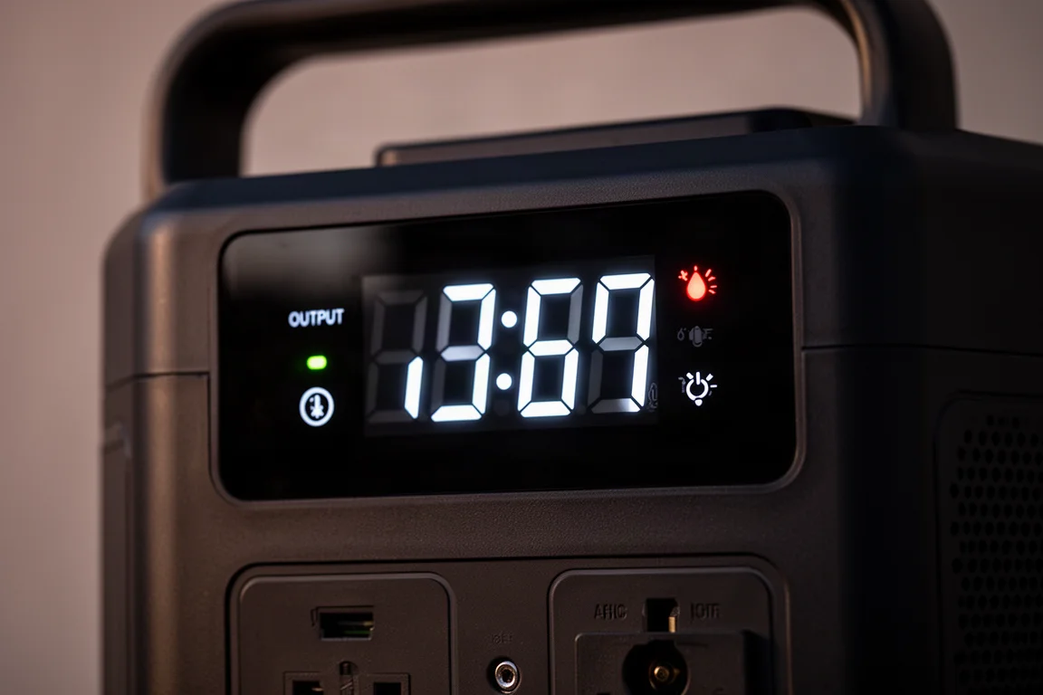 Nahaufnahme des Displays einer tragbaren Powerstation mit Akkustandsanzeigen