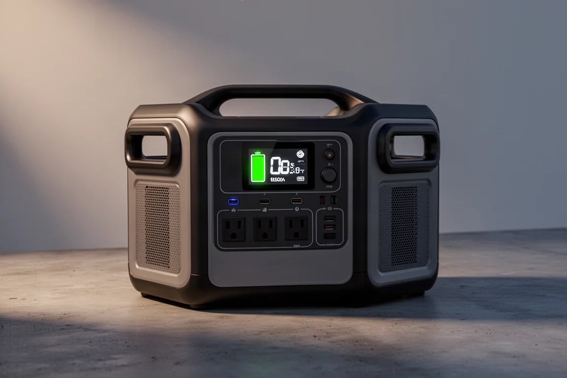 Anker 757 tragbare Powerstation mit Griffen und Frontdisplay auf Beton