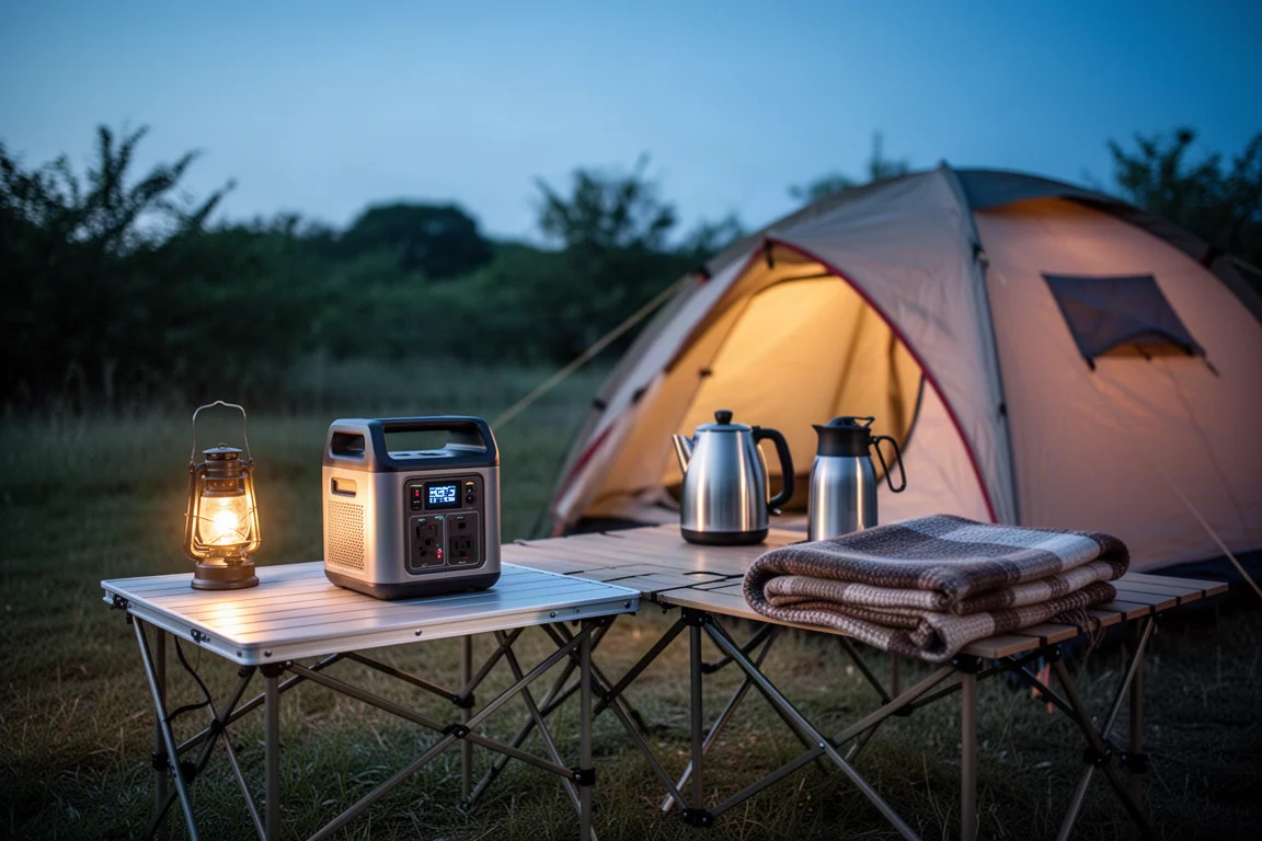 Campsite pitch at dusk with a portable power station on a folding table