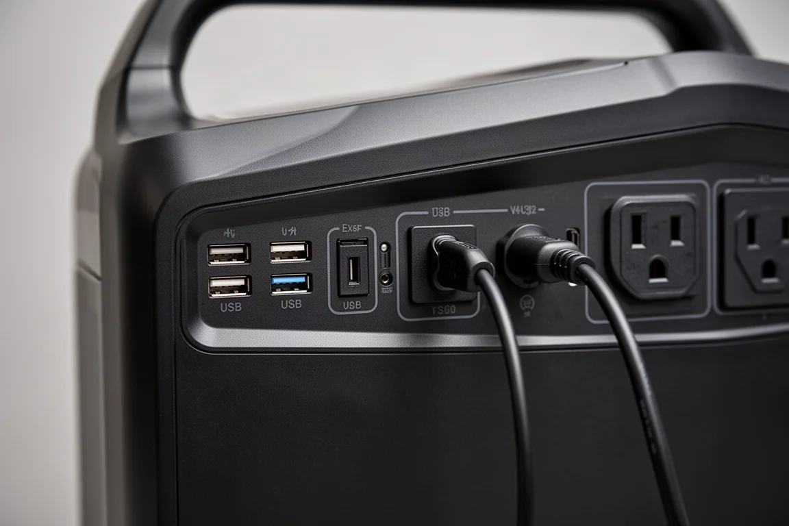 Close-up of charging ports and sockets on a power station front panel