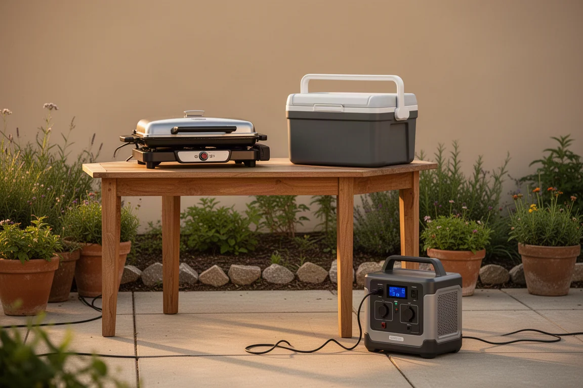 Outdoor patio cooking setup powered by a portable power station at golden hour