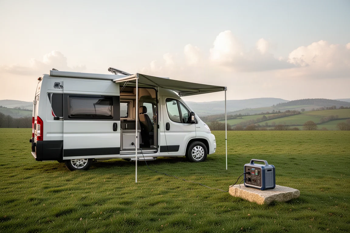 Campervan in a green field with a cable running to a power station