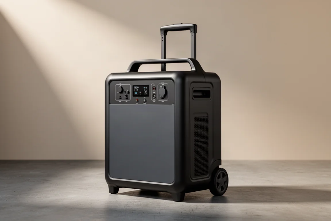Large black portable power station with telescopic handle and wheels on concrete