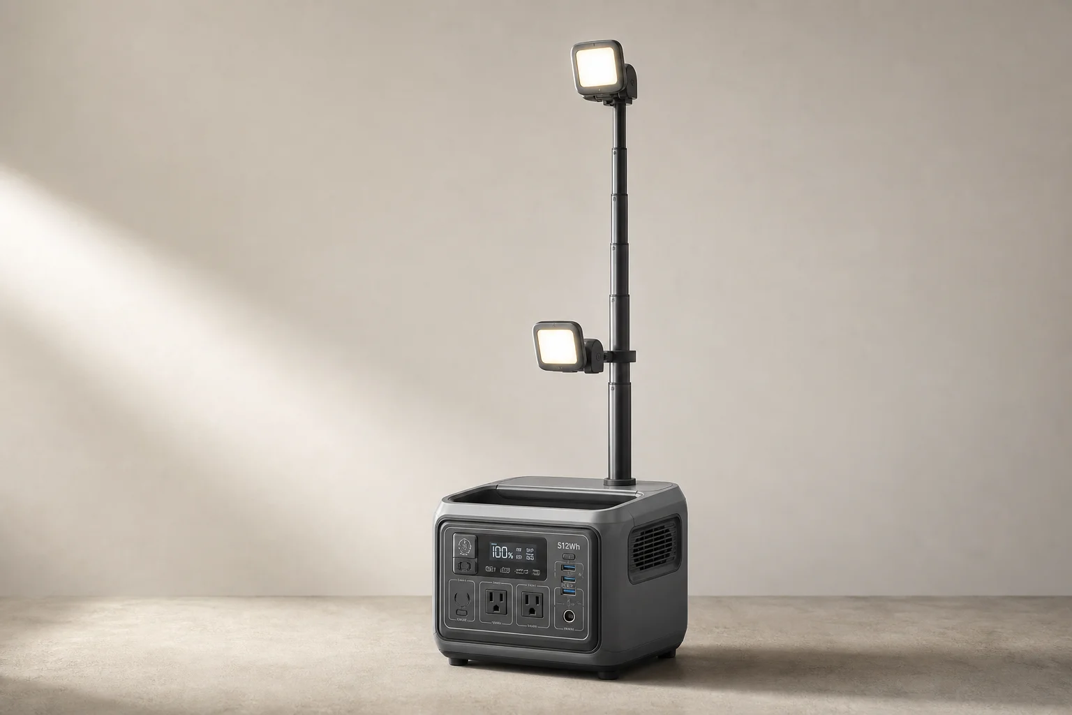 Nine portable power stations arranged by size from compact to large on concrete surface