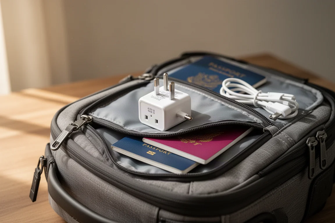 Smukła ładowarka podróżna z portami USB leżąca obok spakowanej torby podróżnej