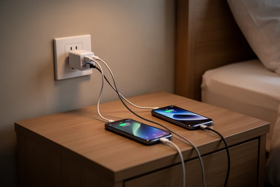 Dwa smartfony i kabel podłączone do kompaktowej ładowarki podróżnej na stoliku nocnym