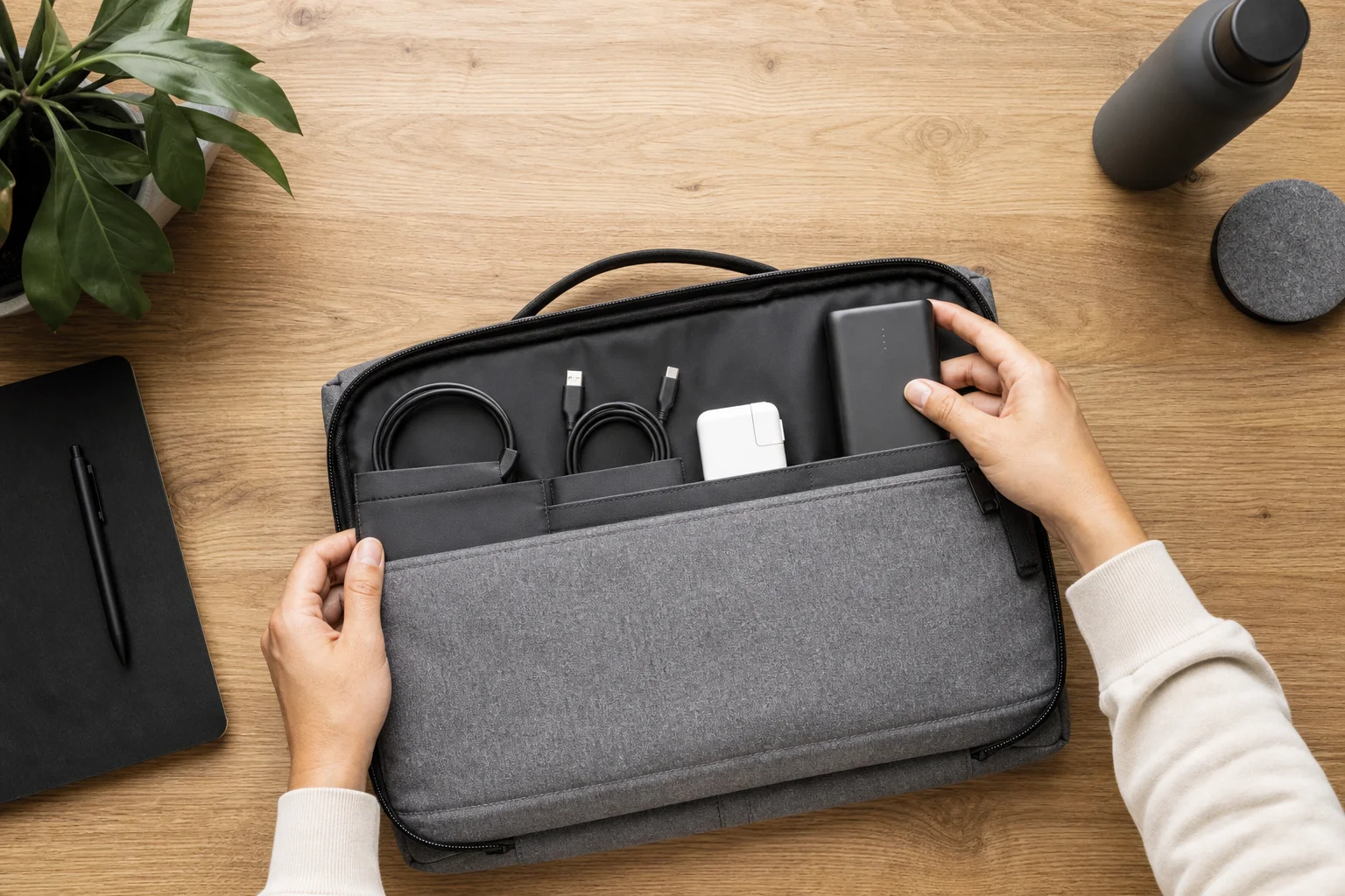 Viajero preparando una bolsa para portátil con cables de carga y power bank portátil