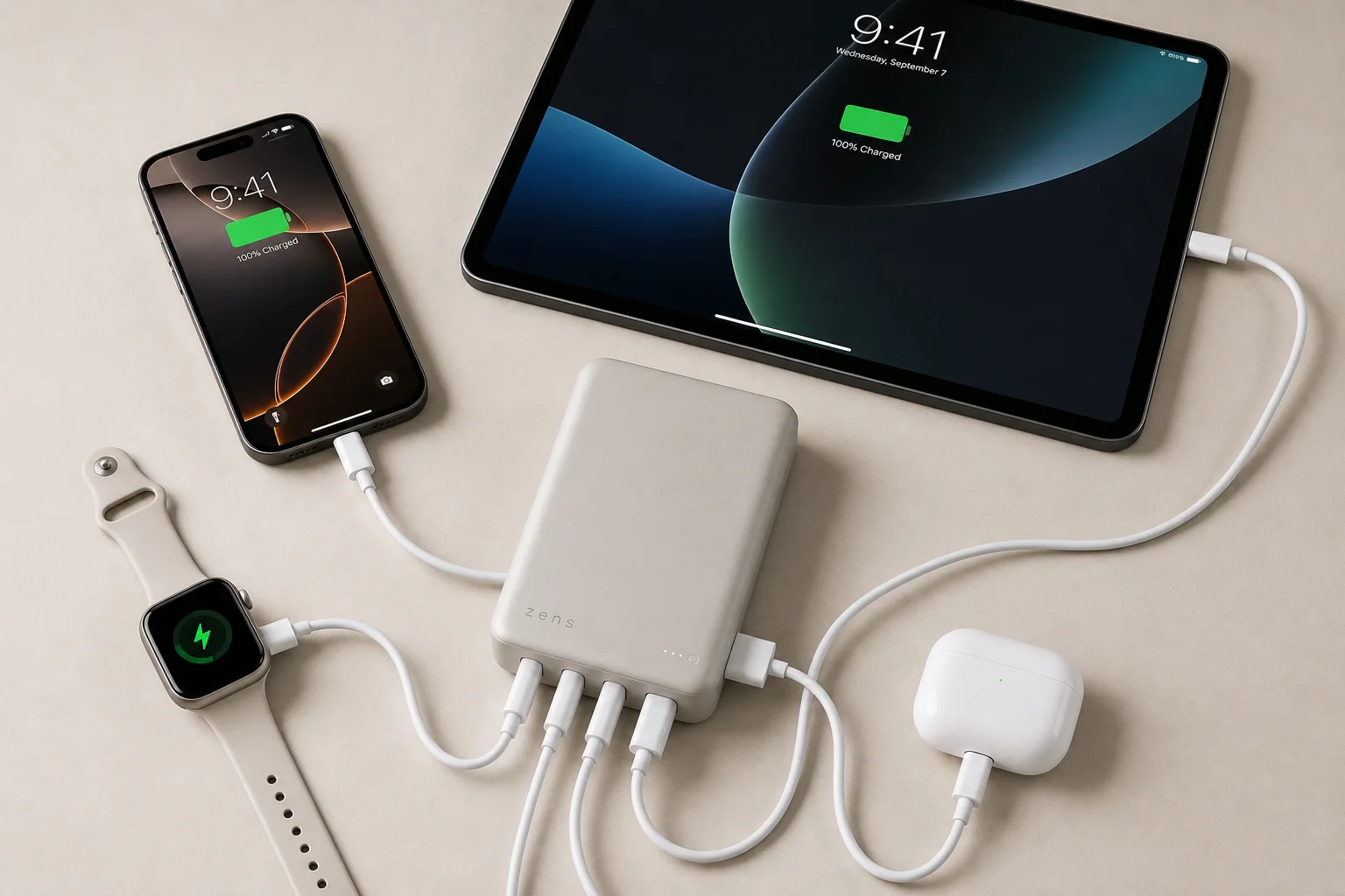Múltiples dispositivos cargándose simultáneamente desde un power bank con conexiones de cable visibles
