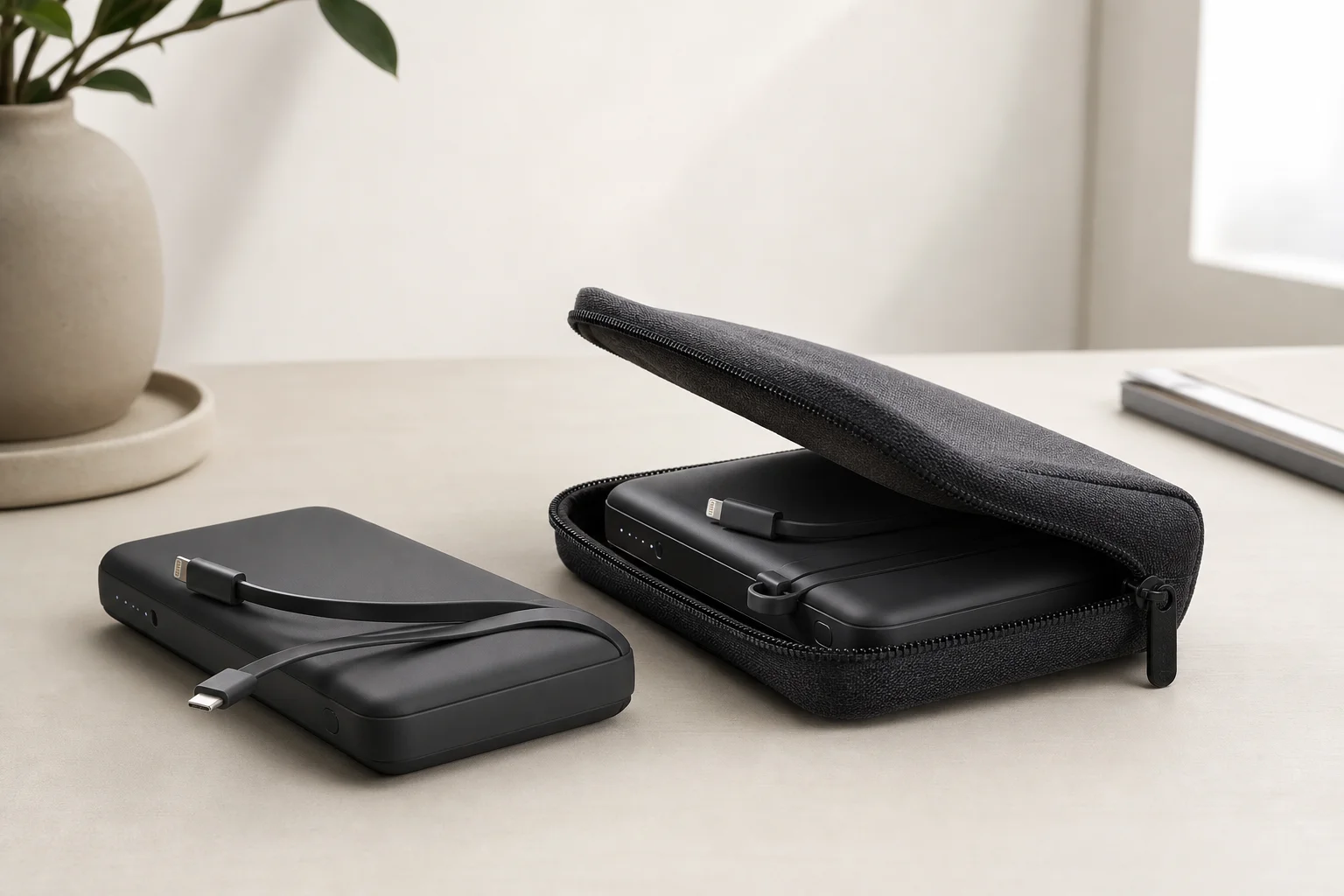 Power bank de Anker y estuche de transporte a juego en un escritorio preparado para viajar