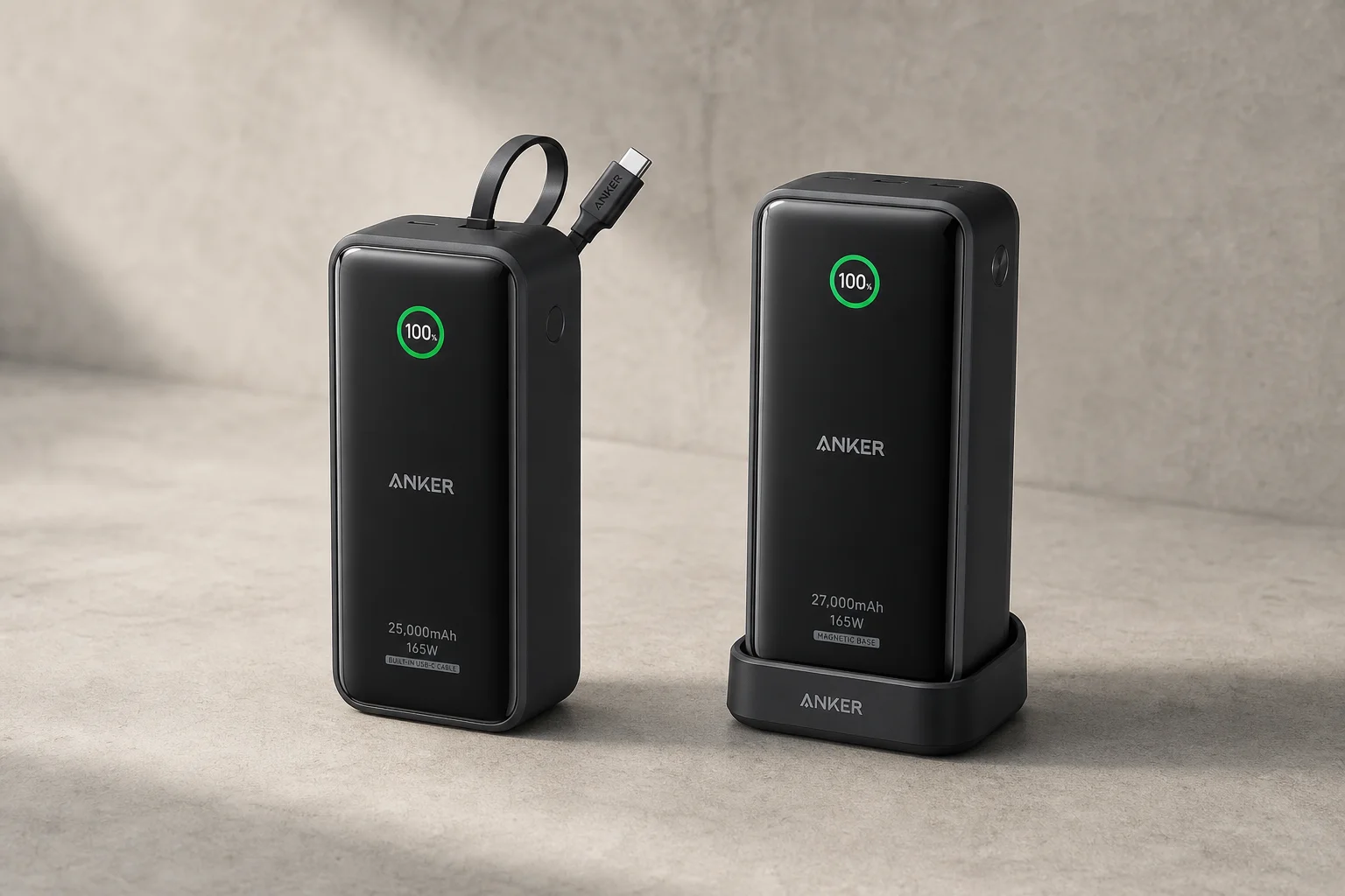 Anker 25,000mAh 與 27,000mAh 行動電源並排放在水泥地上