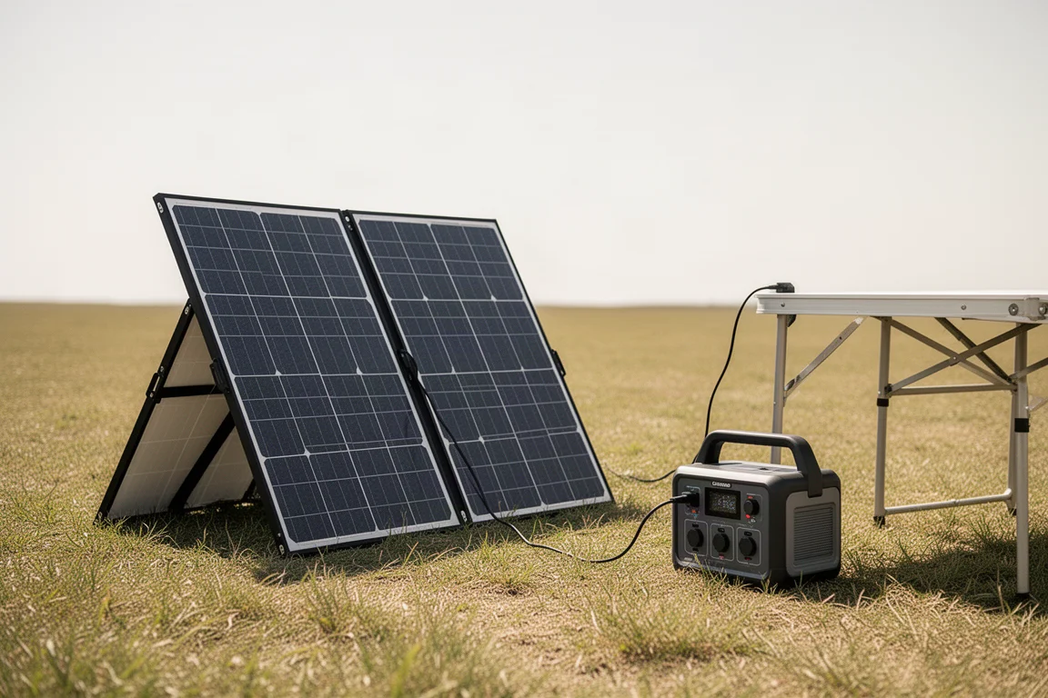 Zonnepanelen buiten opgesteld die een draagbare powerstation opladen bij helder daglicht