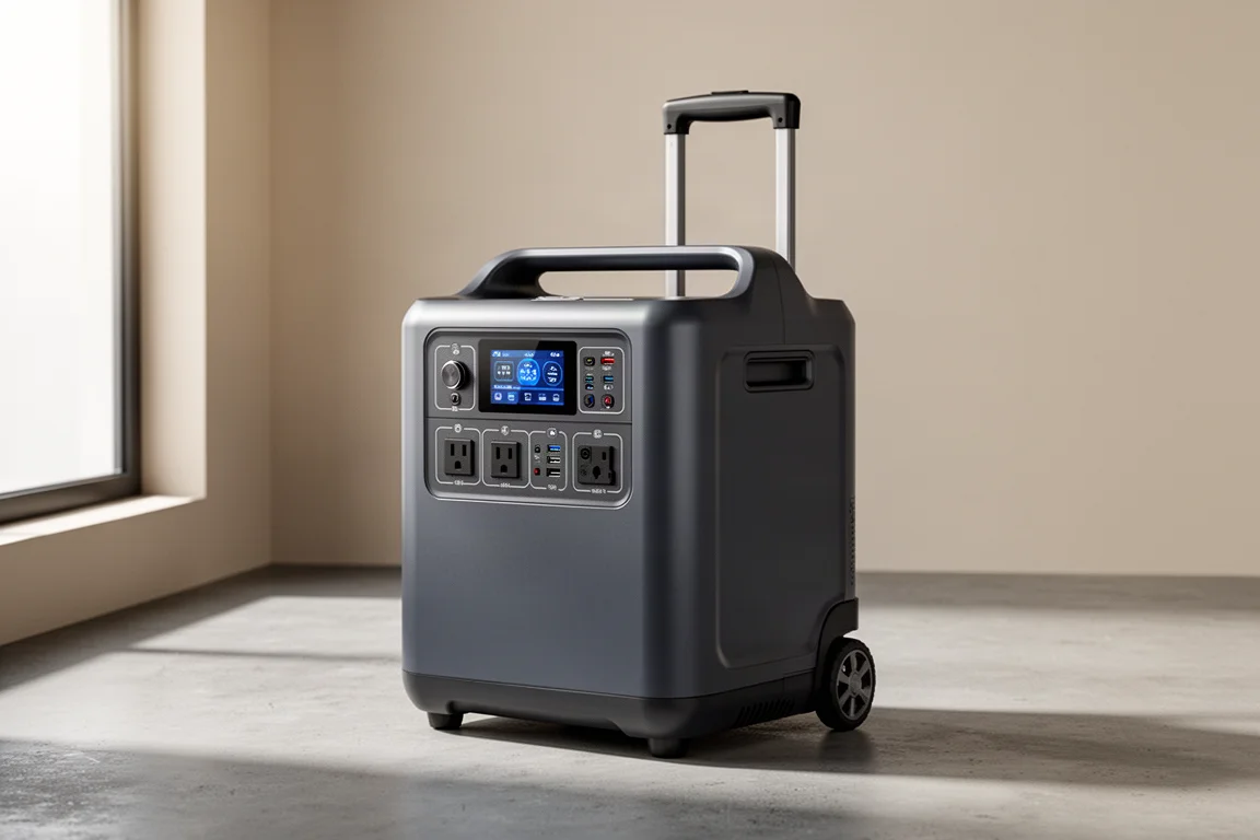 Anker PowerHouse 767 portable power station with handle and wheels on concrete