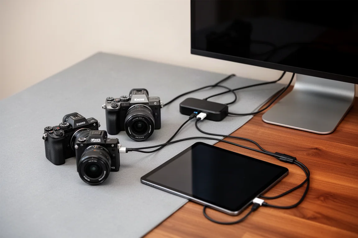 Bureauwerkplek met camera's en een tablet, gevoed vanuit één USB-C laadstation