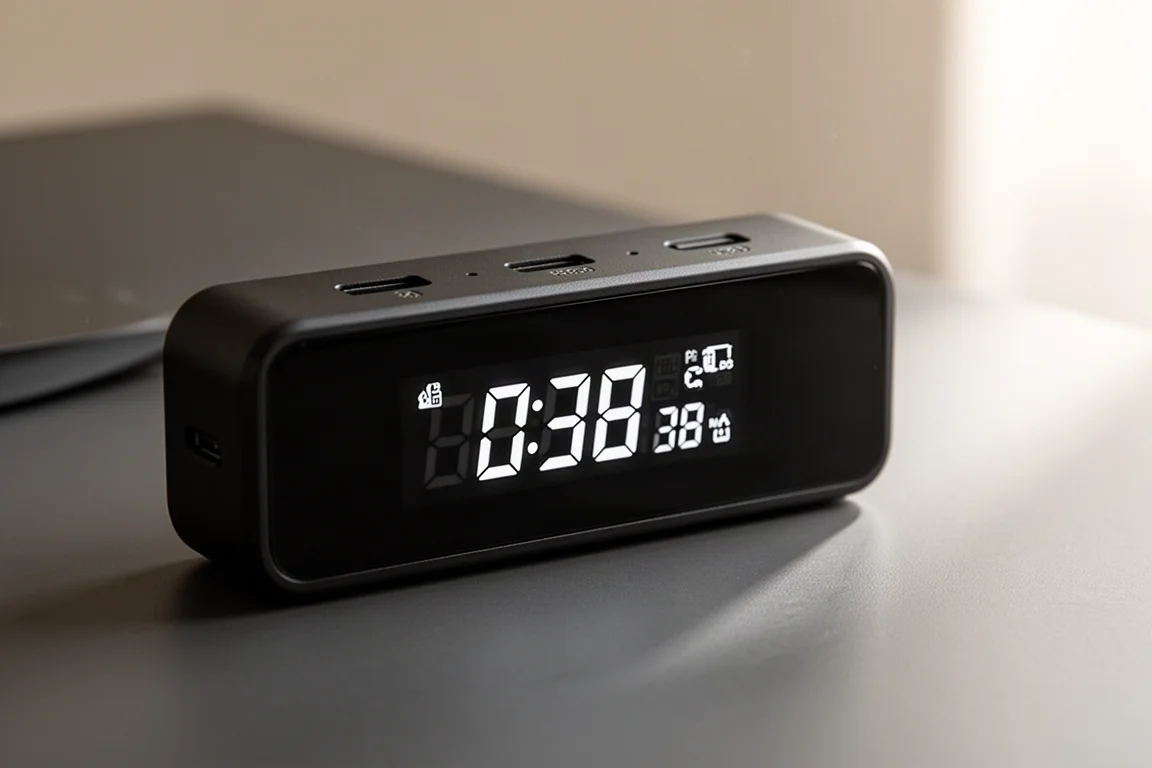 Close-up van het display van een powerbank met de actuele laadoutput