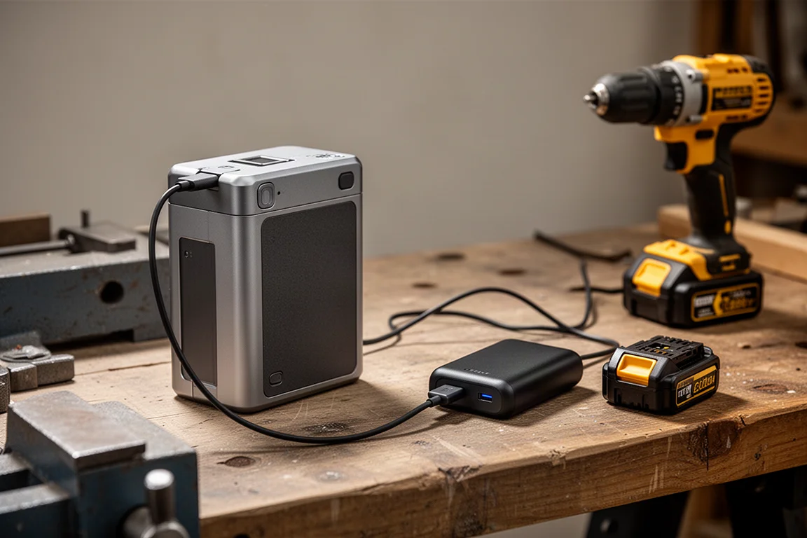 Werkbank met power tools en camera-accu's die via USB-C worden opgeladen