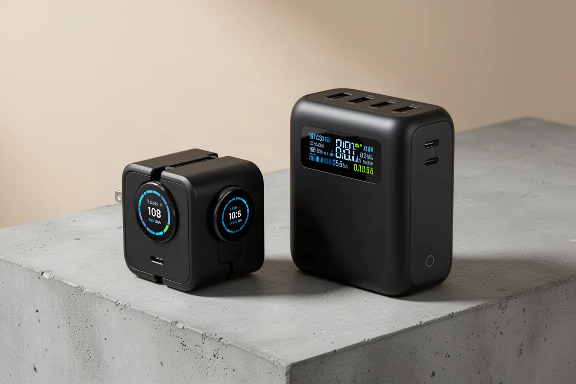 Anker Prime wall charger and power bank side by side on a concrete surface