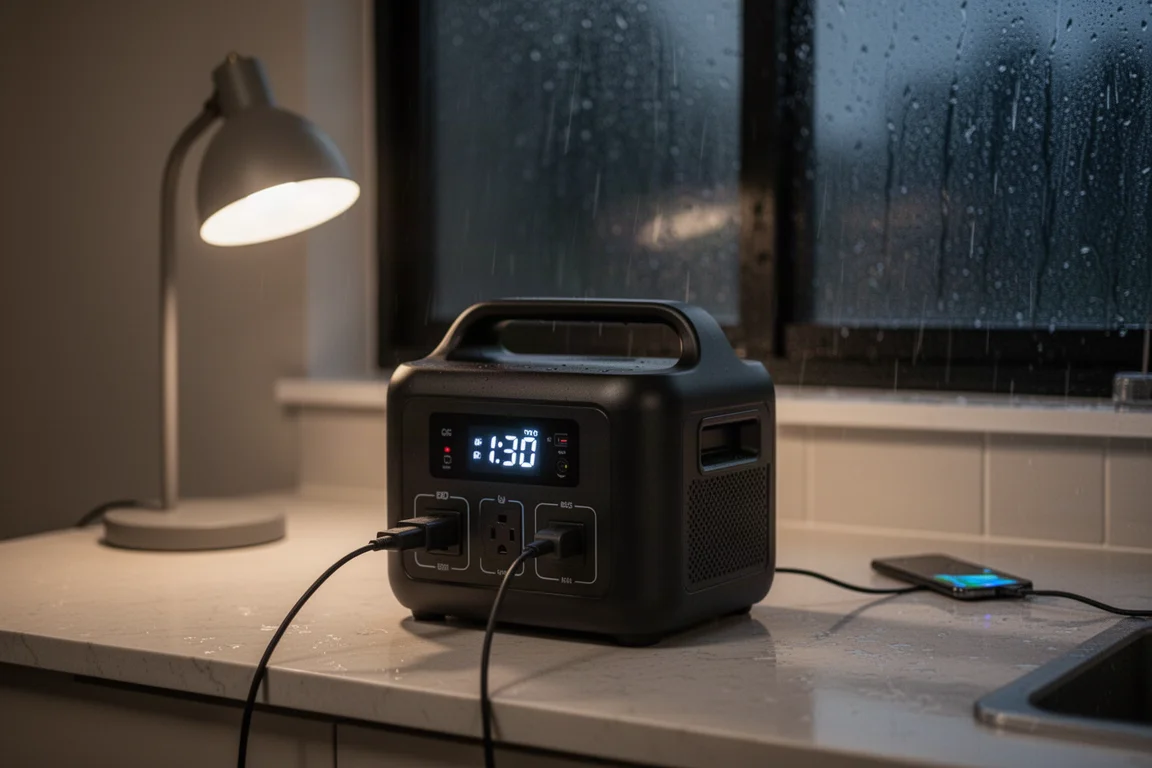 Draagbare powerstation die op een aanrecht in de keuken draait tijdens een stormachtige avond