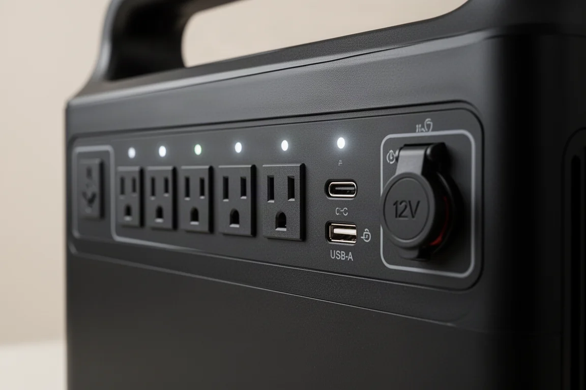 Close-up van zes AC-stopcontacten en USB-poorten op het voorpaneel van een powerstation