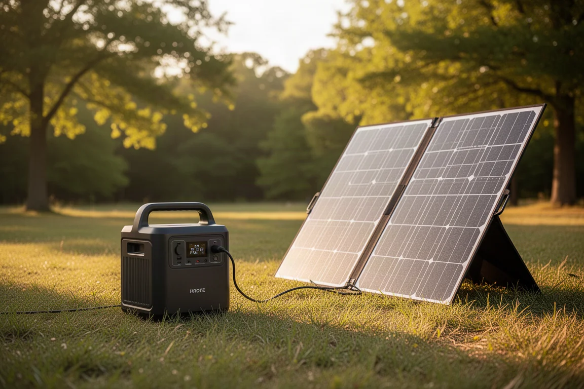 Powerstation verbonden met een opklapbaar zonnepaneel in fel zonlicht buiten