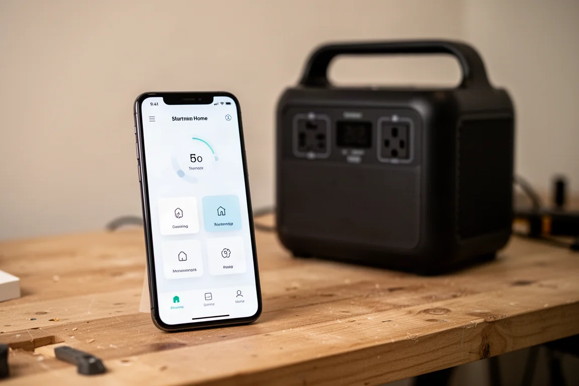 Smartphone met het app-bedieningsscherm naast een powerstation op een werkbank