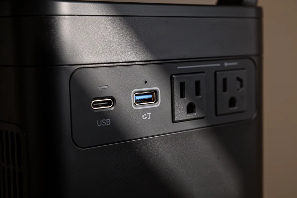 Close-up van USB-C- en AC-poorten op een draagbare powerstation