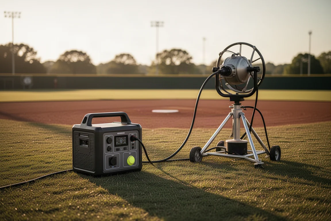 Draagbare powerstation die een pitchmachine van stroom voorziet op een sportveld