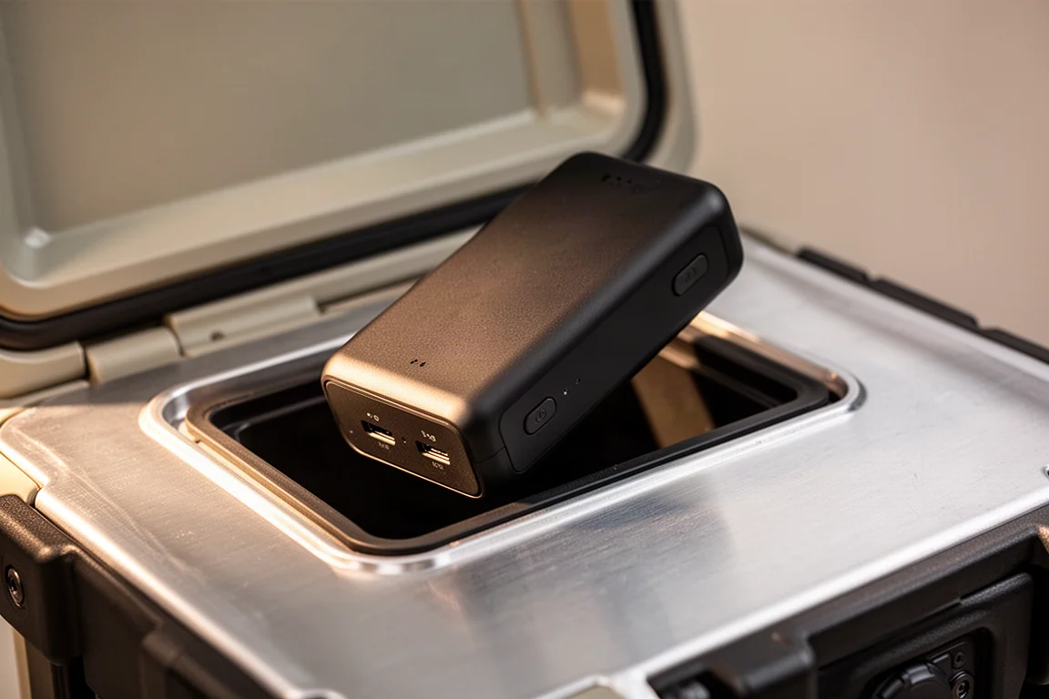 Close-up van een verwisselbare draagbare powerbankaccu die uit de behuizing van de koelbox wordt getild