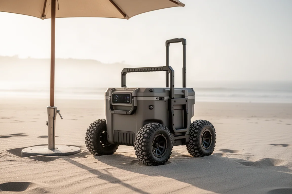 Koelbox op zand geparkeerd, met strandparasolhouder en grote all-terrain wielen gemonteerd