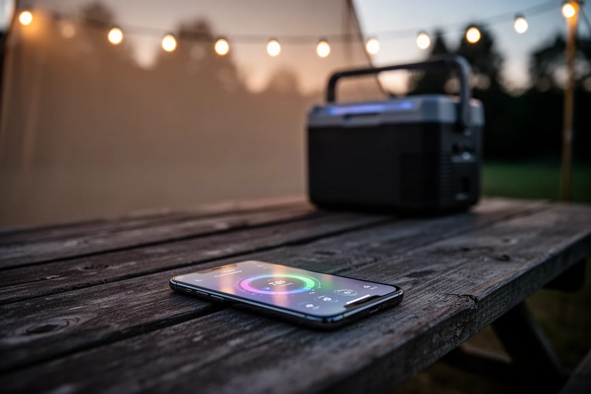 Smartphone op picknicktafel toont temperatuurregeling tijdens kamperen in de schemering