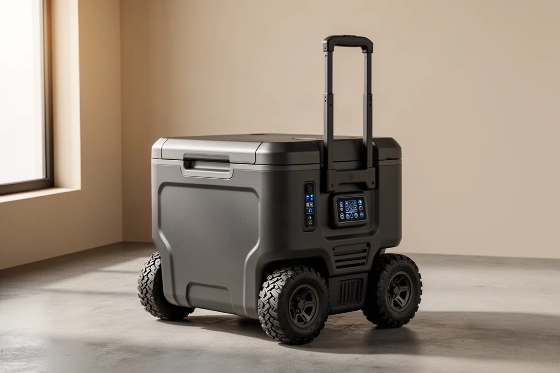 Robuuste draagbare elektrische koelbox met verlengbaar handvat en all-terrain wielen op beton
