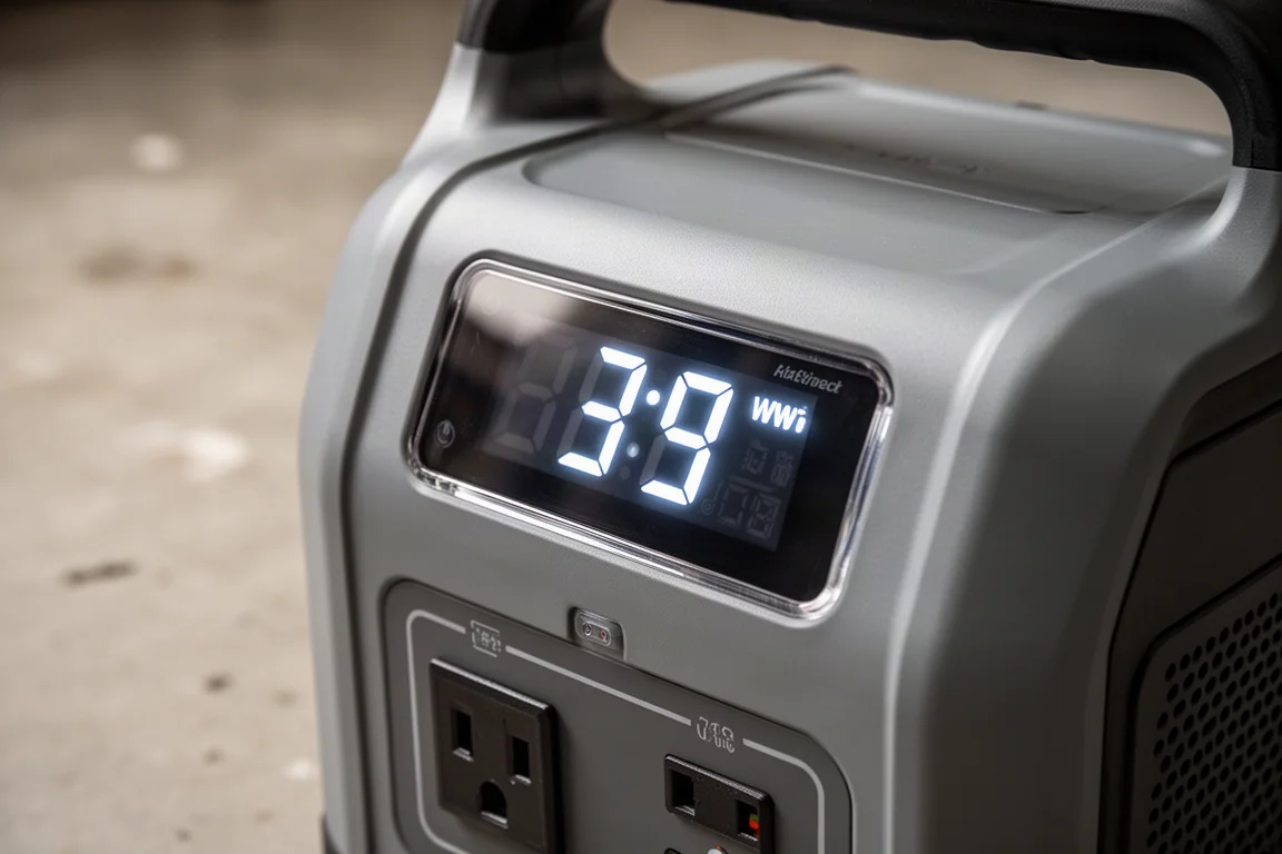 Displaypaneel van powerstation met live wattage-aflezing in een werkplaats