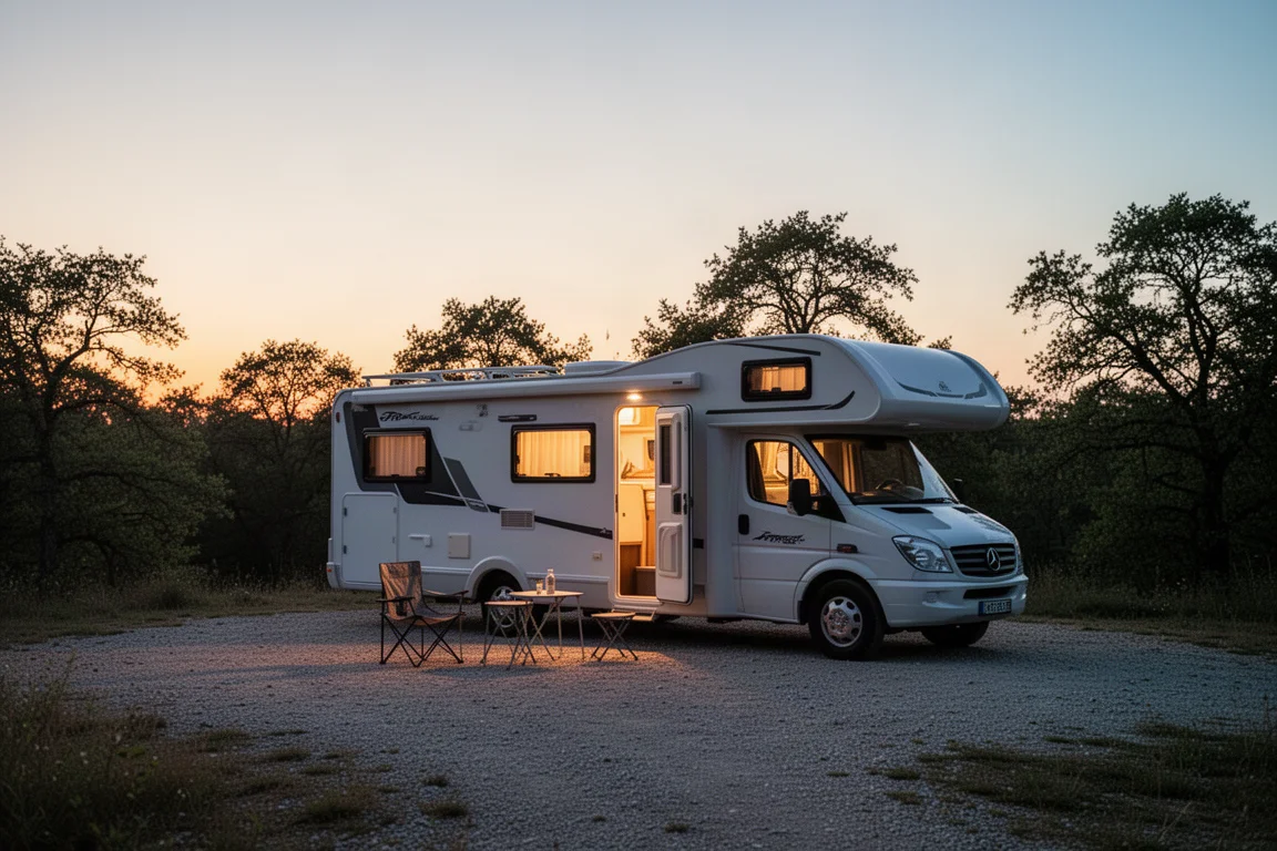 Camper geparkeerd op een kampeerterrein in de schemering met warme binnenverlichting