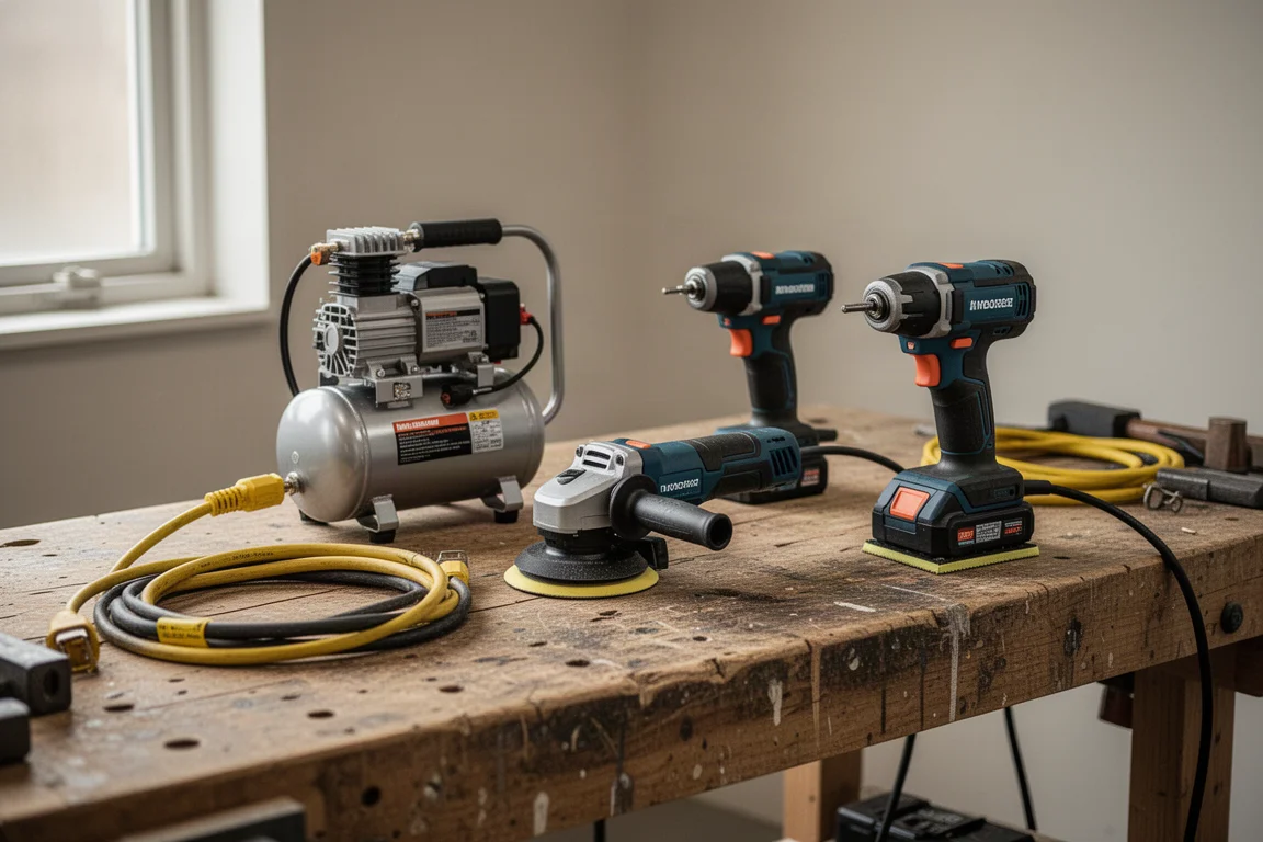 Gereedschap en apparatuur in de werkplaats op een bank tijdens een stroomtest