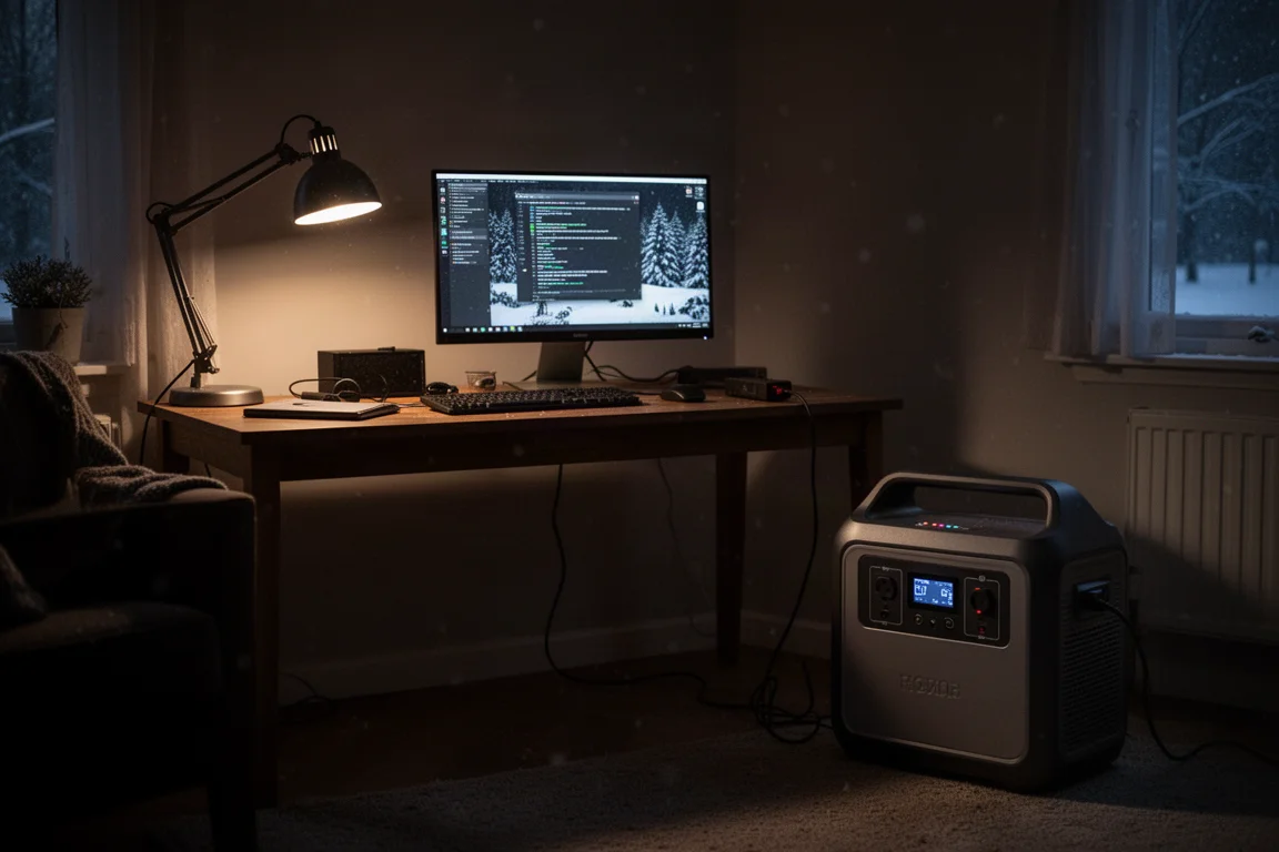Bureauset-up die blijft functioneren tijdens een stroomuitval op een winteravond