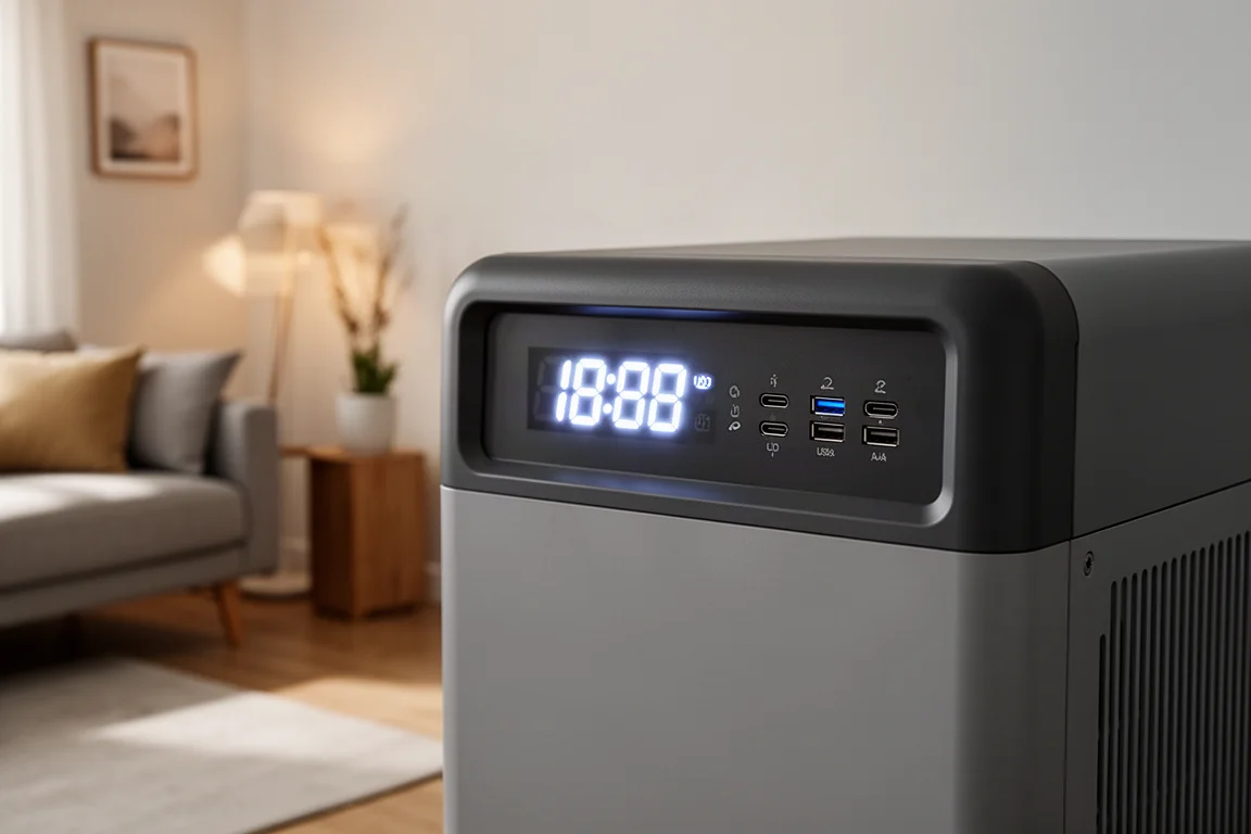 LED-display en poorten aan de voorkant van een thuisbatterij in een schemerige woonkamer